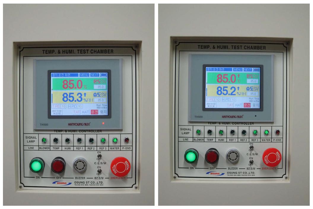 고온/고습 85℃/85.3% 도달(좌) 및 10분 후 온도/습도(우)