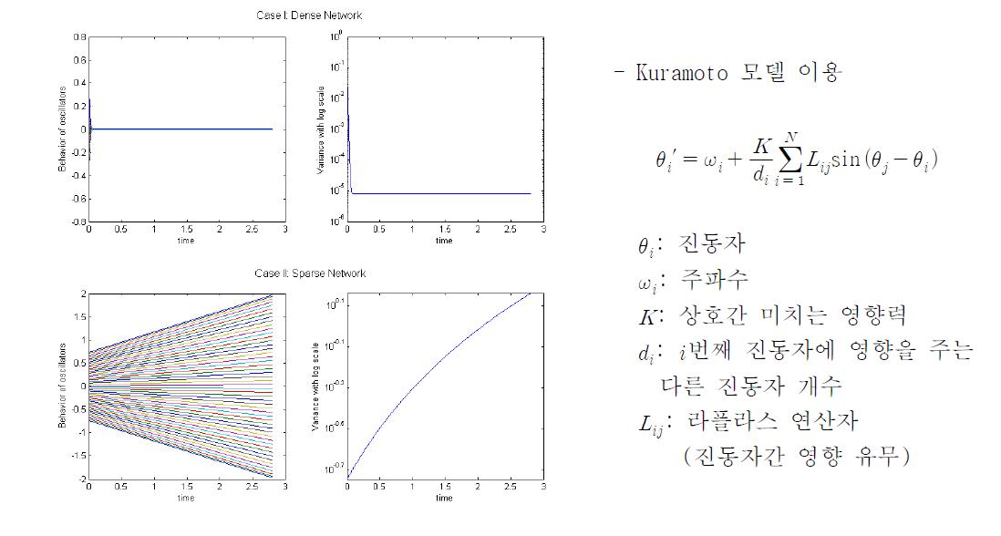 가 중요하고 각 네트워크에서 진동자의 움직임은 비슷하여 대표적인 다음 그래프를 수치적 결과로 보여줌 Case I: Complete graph의 수치적 결과, Case II: linear graph의 수치적 결과