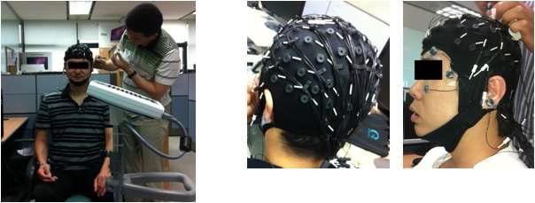 뇌파실험장비 운용 및 테스트 사진. 뇌파측 정 전 전극캡을 쓰고, 각 전극에 전극젤을 주입하고 있는 모습.