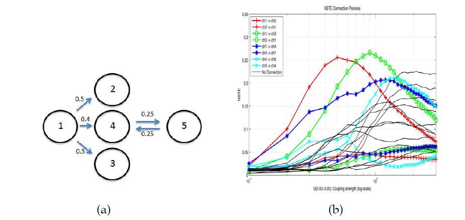 다양한 연결성이 존재하는 5개 노드로 이루어진 네트워크의 개요 도 및 전체의 결합세기를 증가 시키면서 측정된 신호로부터 계산된 normalized transfer entropy 측정값.