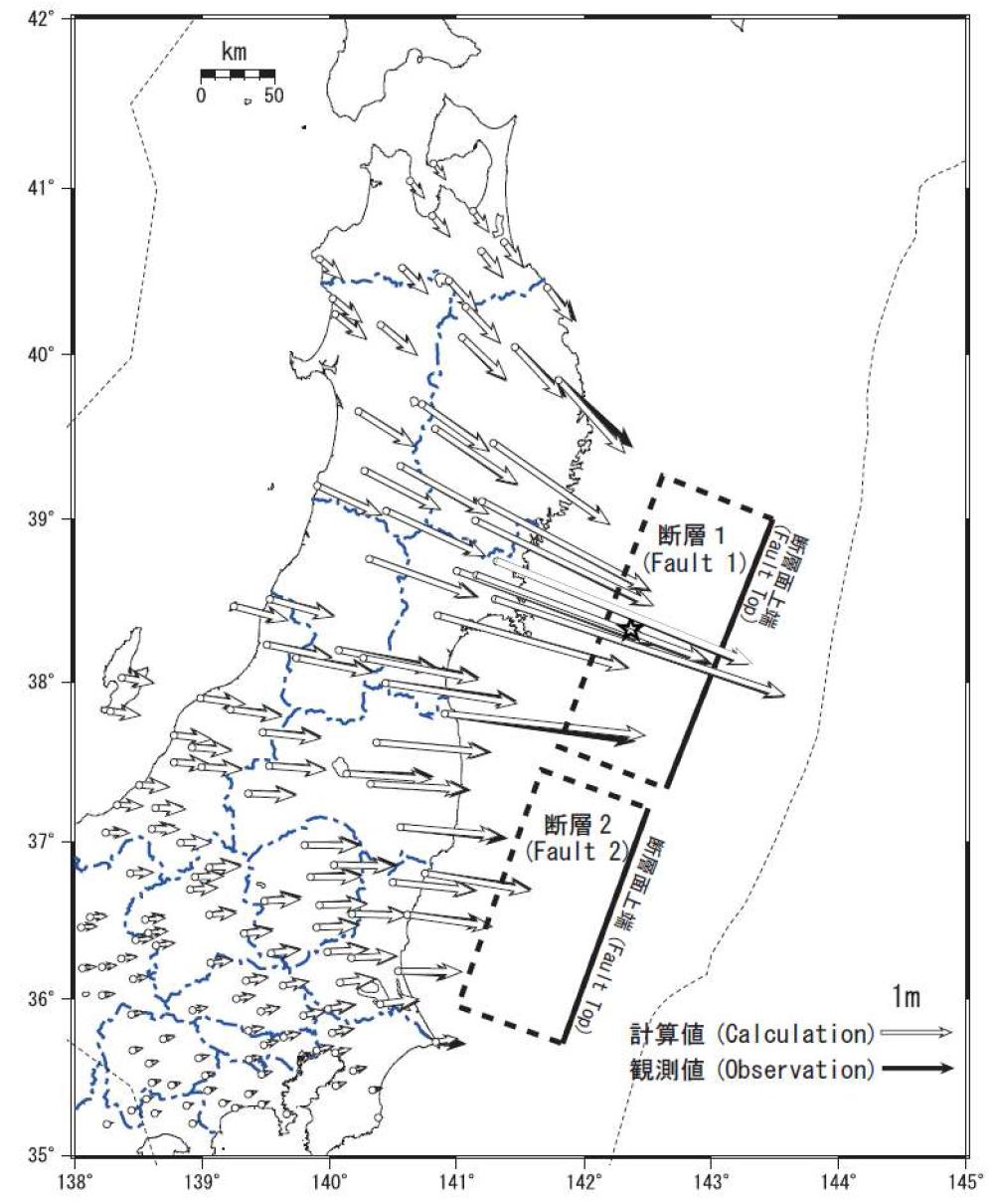 일본 GSI의 단층모델과 GPS 관측결과 비교.