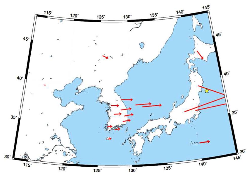 2011 일본대지진에 의한 한반도 및 동아시아지역 변위 벡터 분포.