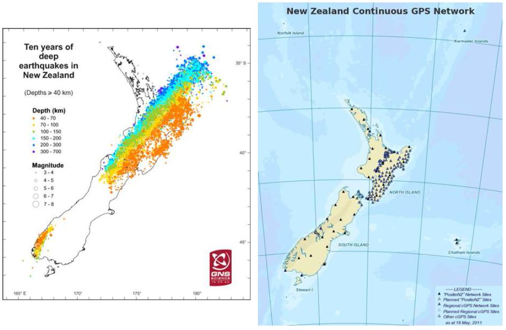 뉴질랜드의 지진 분포도(좌)와 GeoNet의 GPS 망 분포(우)