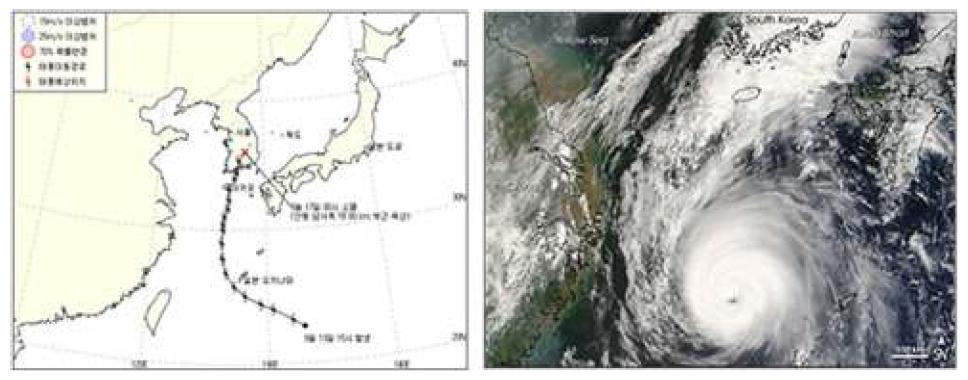 태풍 나리 경로(좌)오 2007년 9월 15일 위성사진(우)