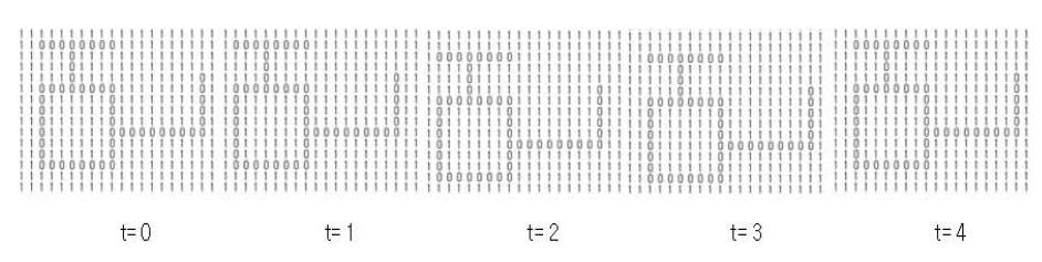 시간 t=0부터 t=4까지 회전하고 있는 헬리콥터 모양의 Binary Image Video stream이 HTM에서 학습되어 하나의 그룹으로 인식된다.