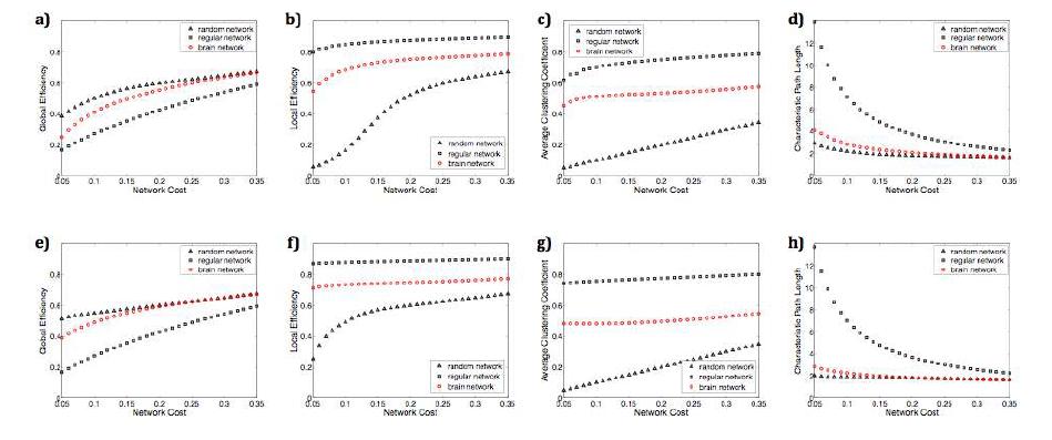 node size 및 network threshold value에 따른 network properties 변 화: 100개 노드에 대한 global efficiency, local efficiency, average clustering coefficient, characteristic path length (a-d), 1000개 노드에 대한 network properties (e-h).