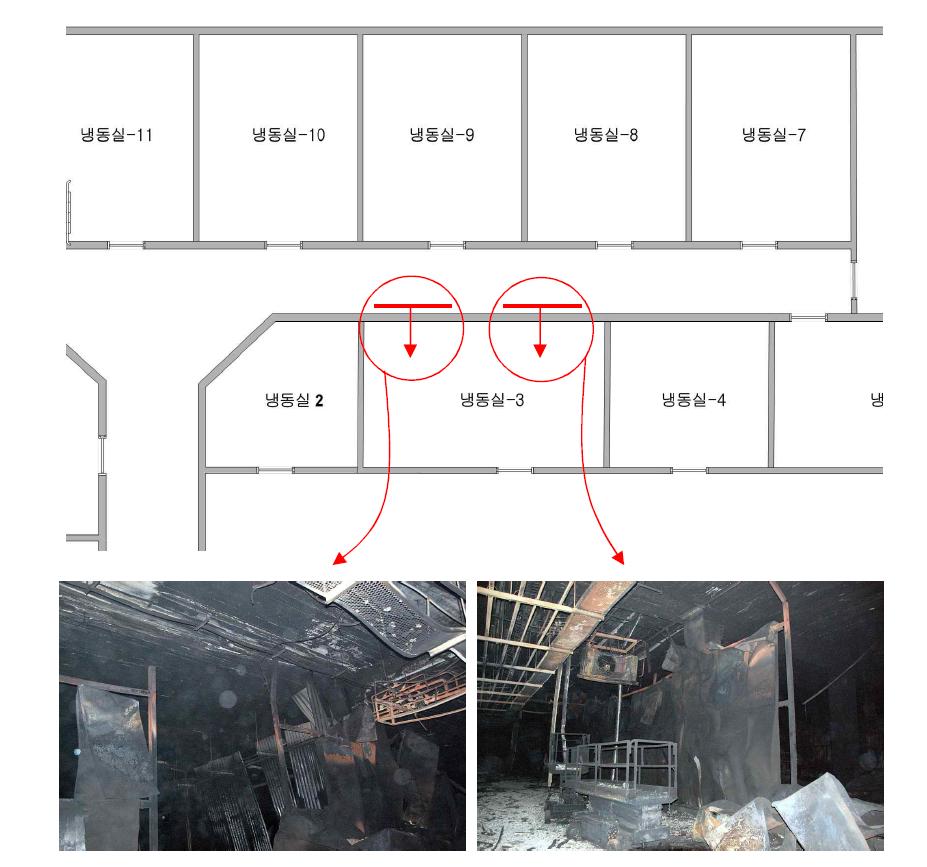 냉동창고 우측 복도와 인접한 벽체의 파손 형상