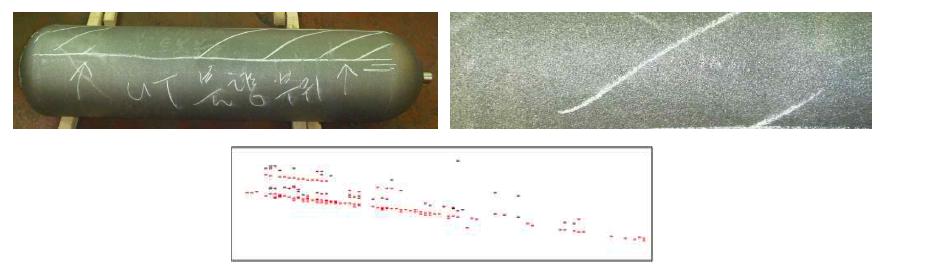 (좌) P1용기의 외관 사진, (우) P1용기의 쇼트볼 불량부분 그라인더 처리, (하) P1용기의 UT스캔사진