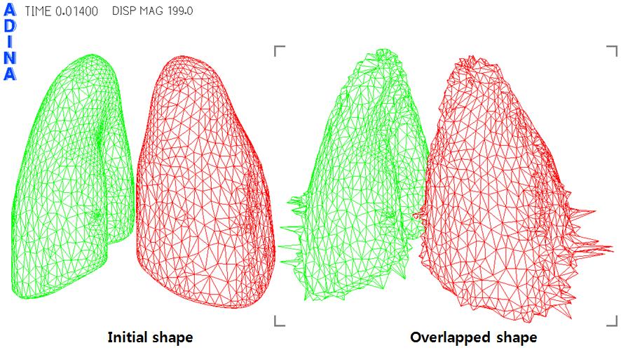 Comparing initial shape and overlapped shape at time 0.014sec of lung mesh model