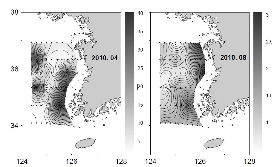 그림 15. 2010년 4월과 8월 표층 부유물질의 수평분포도.