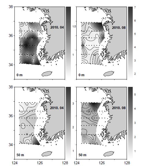 그림 17. 2010년 4월과 8월 표층 및 50 m층의 암모니아 질소 수평분포도.