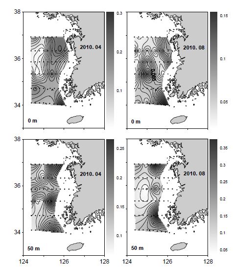 그림 18. 2010년 4월과 8월 표층 및 50 m층의 아질산 질소 수평분포도.