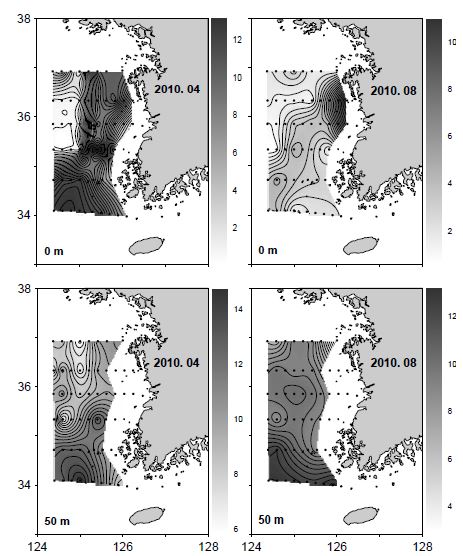 그림 21. 2010년 4월과 8월 표층 및 50 m층의 규산 규소 수평분포도.
