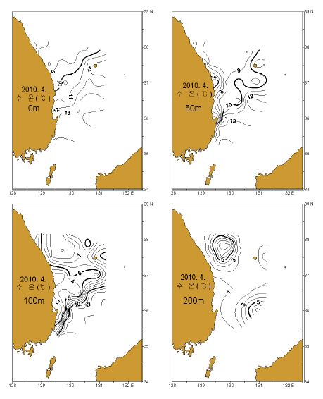 그림 3. 2010년 4월 표층, 50, 100 및 200m층의 수온 수평분포도.