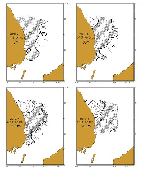 그림 4. 2010년 4월 표층, 50, 100 및 200m층의 수온 평년편차도.