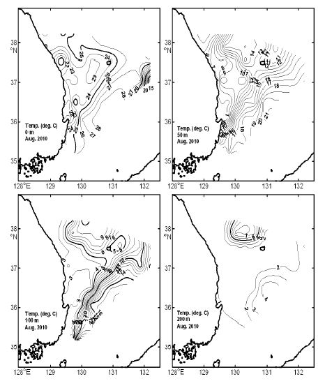그림 6. 2010년 8월 표층, 50, 100 및 200m층의 수온 수평분포도.