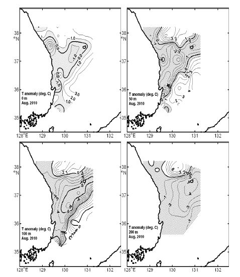 그림 7. 2010년 8월 표층, 50, 100 및 200m층의 수온 평년편차도.