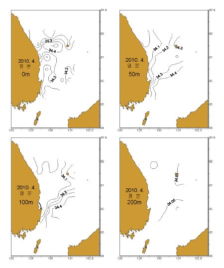 그림 9. 2010년 4월 표층, 50, 100 및 200m층의 염분 수평분포도.