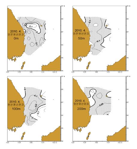 그림 10. 2010년 4월 표층, 50, 100 및 200m층의 염분 평년편차도.
