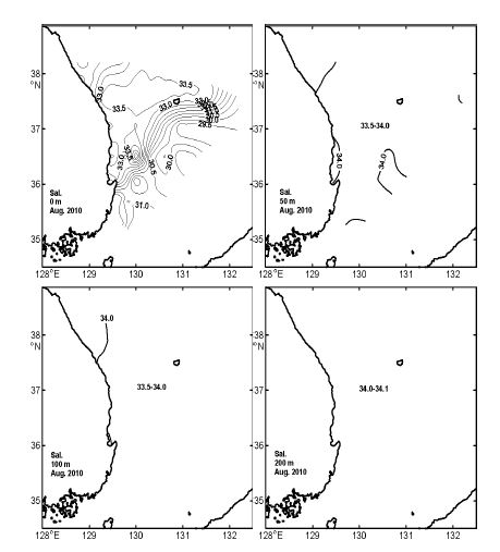그림 12. 2010년 8월 표층, 50, 100 및 200m층의 염분 수평분포도.