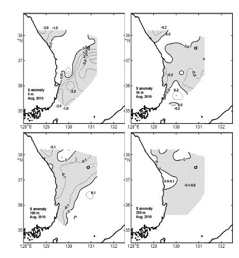 그림 13. 2010년 8월 표층, 50, 100 및 200m층의 염분 평년편차도.
