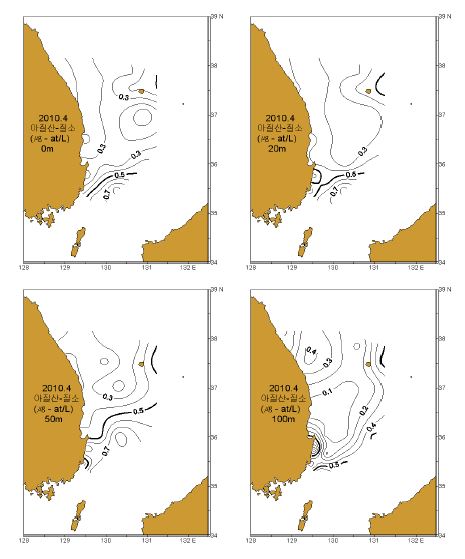 그림 15. 2010년 4월 표층, 20, 50 및 100m층의 아질산질소(NO2-N) 수평분포도.