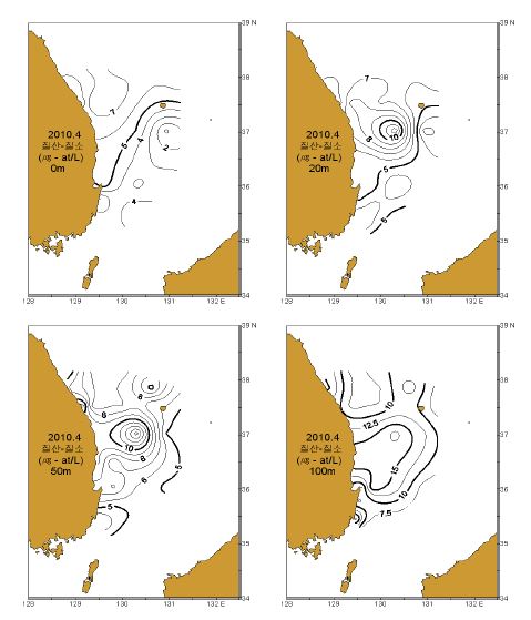그림 16. 2010년 4월 표층, 20, 50 및 100m층의 질산질소(NO3-N) 수평분포도.