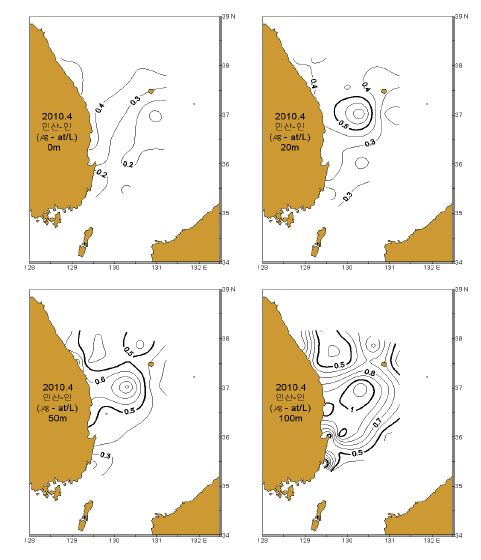 그림 17. 2010년 4월 표층, 20, 50 및 100m층의 인산인(PO4-P) 수평분포도.