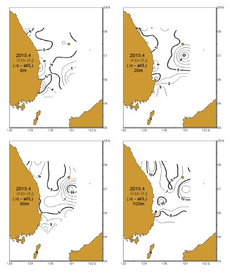 그림 18. 2010년 4월 표층, 20, 50 및 100m층의 규산규소(SiO2-Si) 수평분포도.