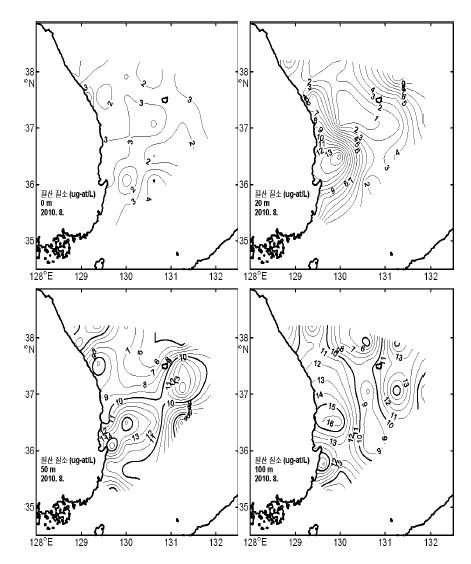 그림 20. 2010년 8월 표층, 20, 50 및 100m층의 질산질소(NO3-N) 수평분포도.