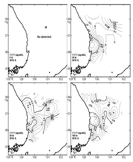 그림 21. 2010년 8월 표층, 20, 50 및 100m층의 인산인(PO4-P) 수평분포도.