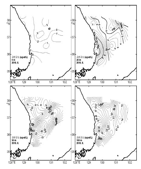 그림 22. 2010년 8월 표층, 20, 50 및 100m층의 규산규소(SiO2-Si) 수평분포도.