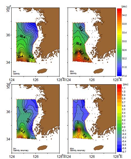 그림 7. 2011년 4월 한국 서해의 염분분포 및 평년편차도
