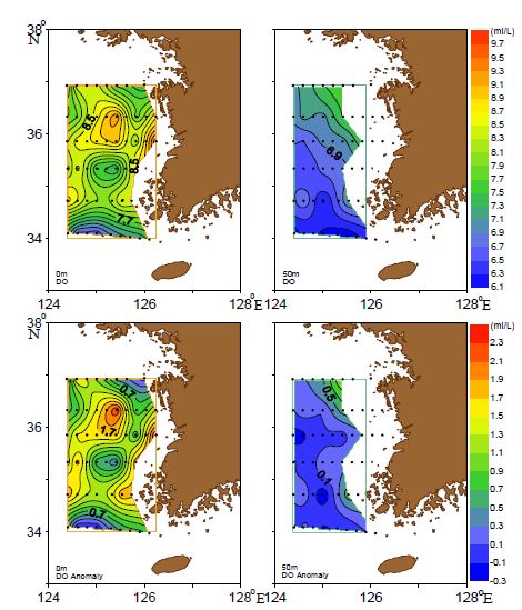 그림 11. 2011년 4월 한국 서해의 용존산소분포 및 평년편차도