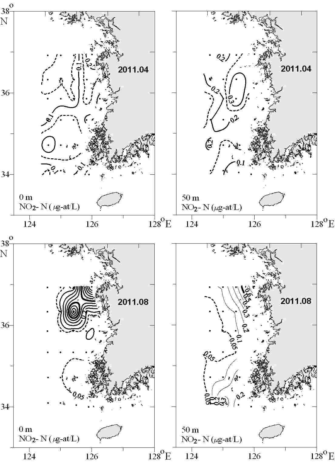 그림 18. 2011년 4월과 8월 표층 및 50m층의 아질산 질소 수평분포도