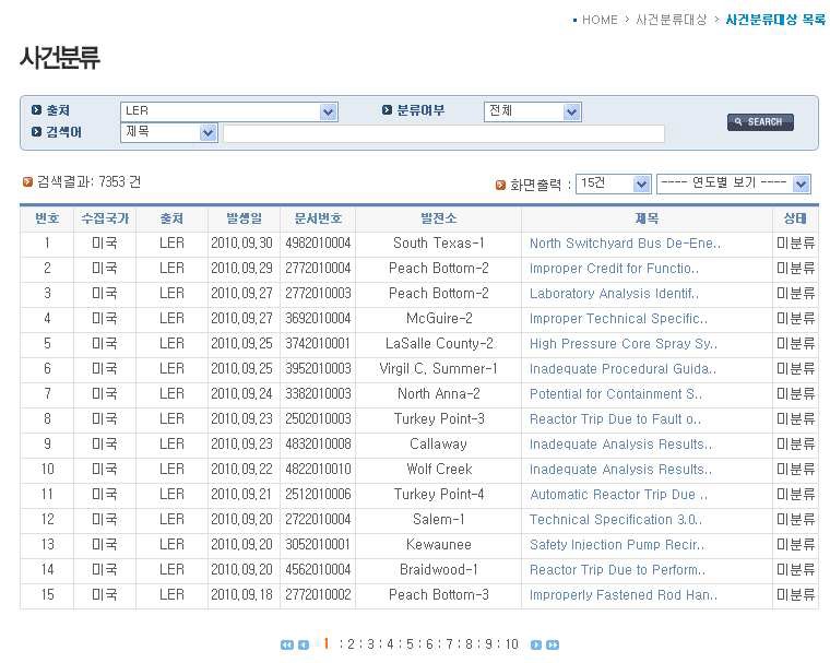 그림 3-12 운전경험정보 사건분류 기본화면