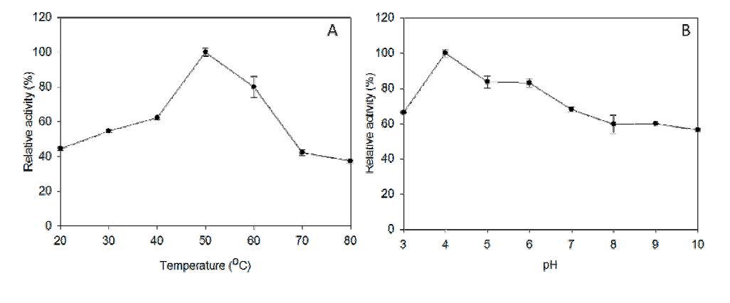 Relative activity of Lam at different temperatures (A) and pH (B).