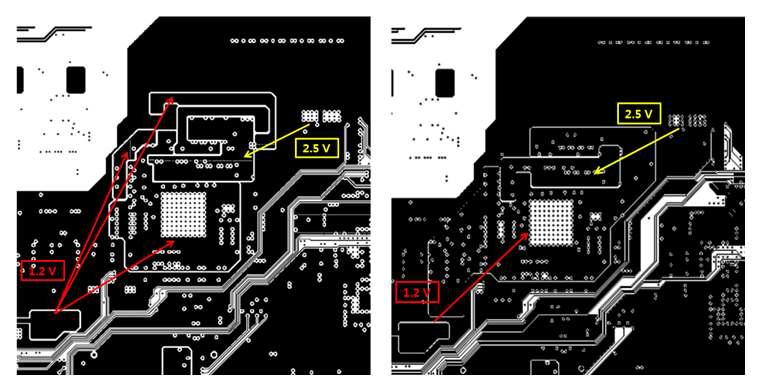 1.2 V와 2.5 V 전원 라우팅 변경 전․후