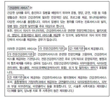 설문지에 제시된 건강관리서비스의 개념과 건강관리기관의 유형