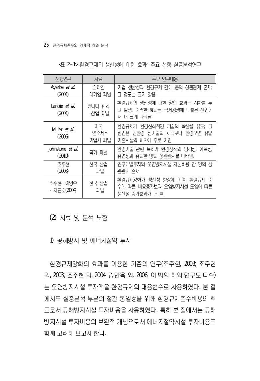 환경규제의 생산성에 대한 효과: 주요 선행 실증분석연구