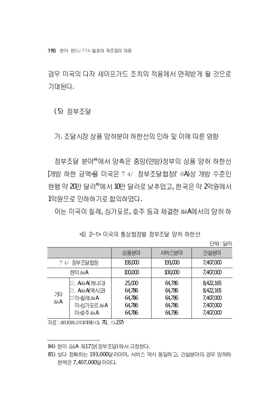 미국의 통상협정별 정부조달 양허 하한선