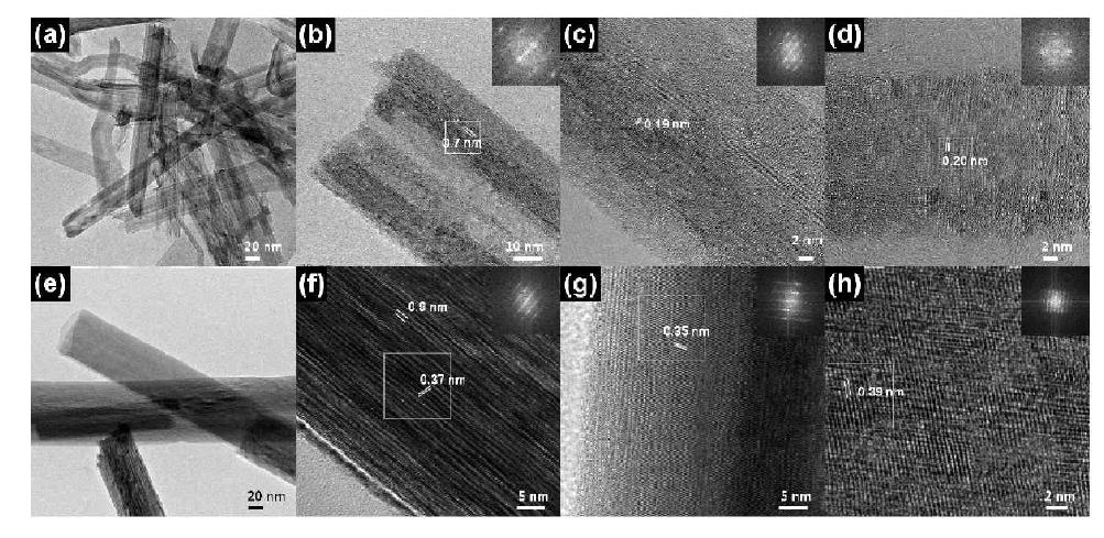 HR-TEM images of BHT100 (a~d) and BHT200 (e~h).