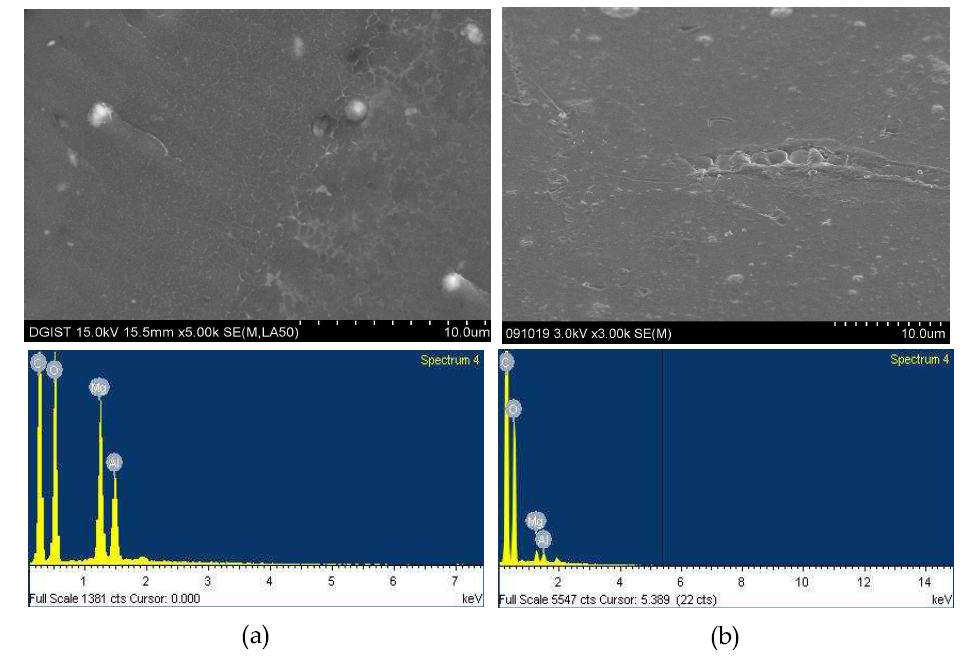 표면처리하지 않은 LDH(a)와 표면처리한 LDH(b)를 이용하여 compounding한 마스터배치의 SEM 이미지와 EDS 분석결과.