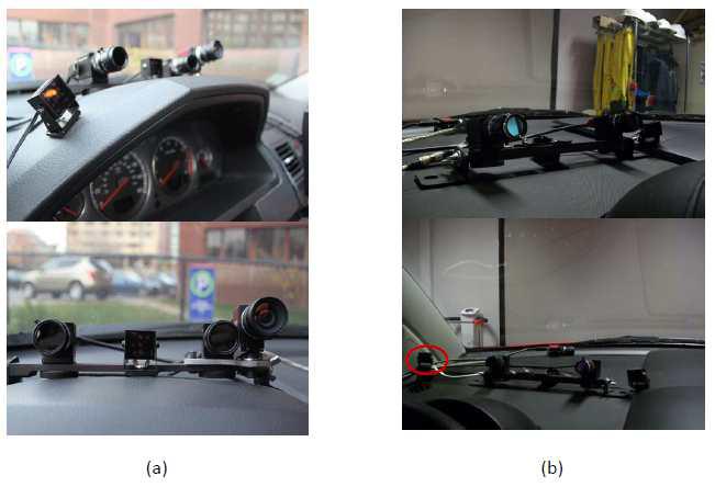 Eye tracking configurations currently under use in the instrumented vehicle (a) and simulator (b). The red circle represents the single IR pod in operation in the simulator running “precision mode”
