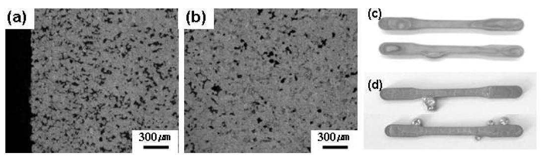 과공정 Al-Si 분말 소결체의 외각부 다공질화((a), (b))와 액상유출 ((c), (d)).