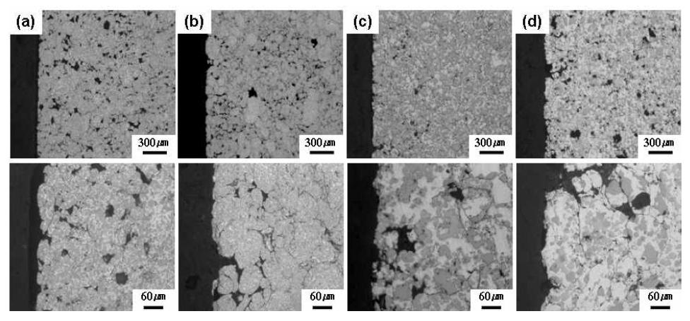 초고순도 질소 분위기에서 1시간 소결된 VN4 분말 소결체의 외곽부 미세조직. 소결온도: (a) 570, (b) 580, (c) 590, (d) 600°C.
