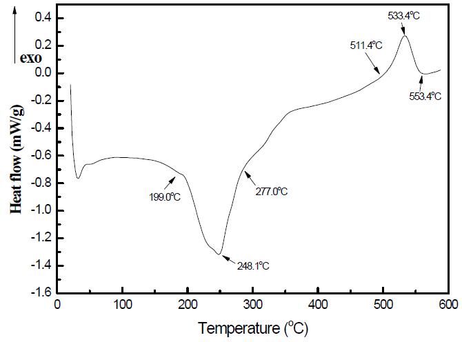 수열 합성된 Li2Si2O5․xH2O의 DSC 곡선. (180℃ / 24h)