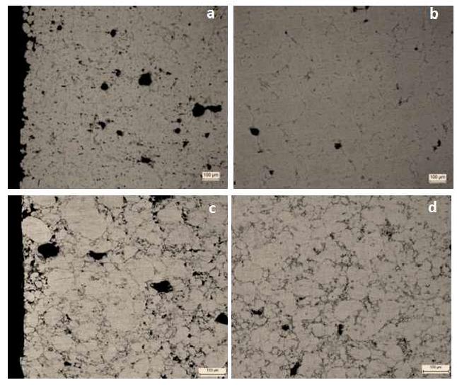 Die-wall lubricant a. surface, b. center, Admixed lubricant c. surface, d. center, Magnification x100