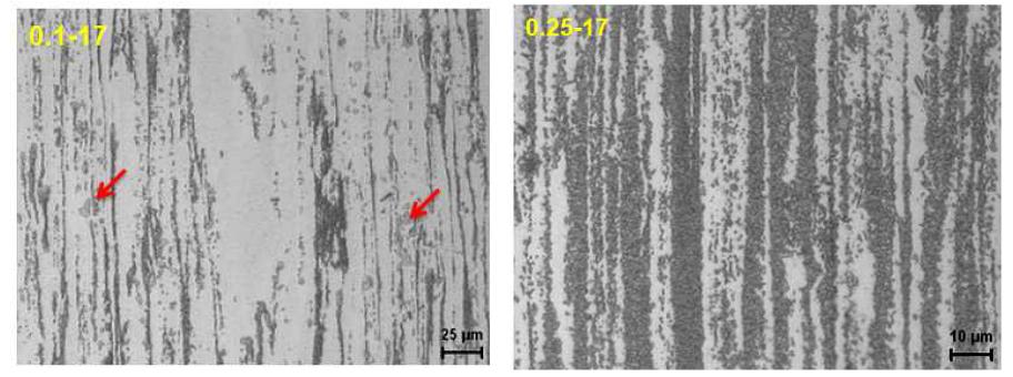 광학조직사진으로 관찰한 Y 1.7at.% 일 때 α=0.1 과 α=0.25에서 열간 압연시 W-phase 형태