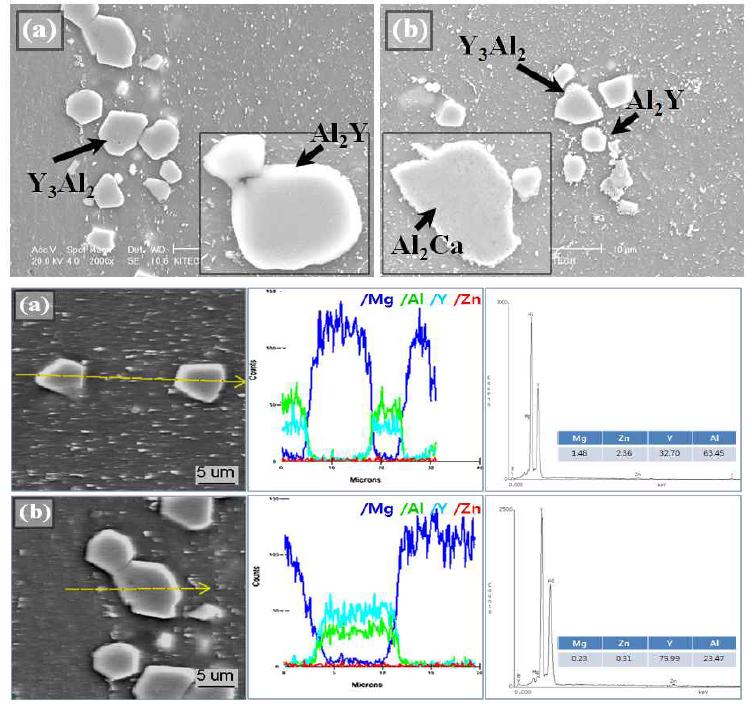 (a) Mg-Zn1.5Y1.5 및 (b) Mg-Zn1.5Y1.5+CaO 15:1 압출재의 SEM이미지 및 EDS 분석결과